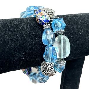 VINTAGE CLOISONNÉ, BLUE GLASS/CRYSTAL & SILVER BEADS STRETCH BRACELETS- SET OF 2
